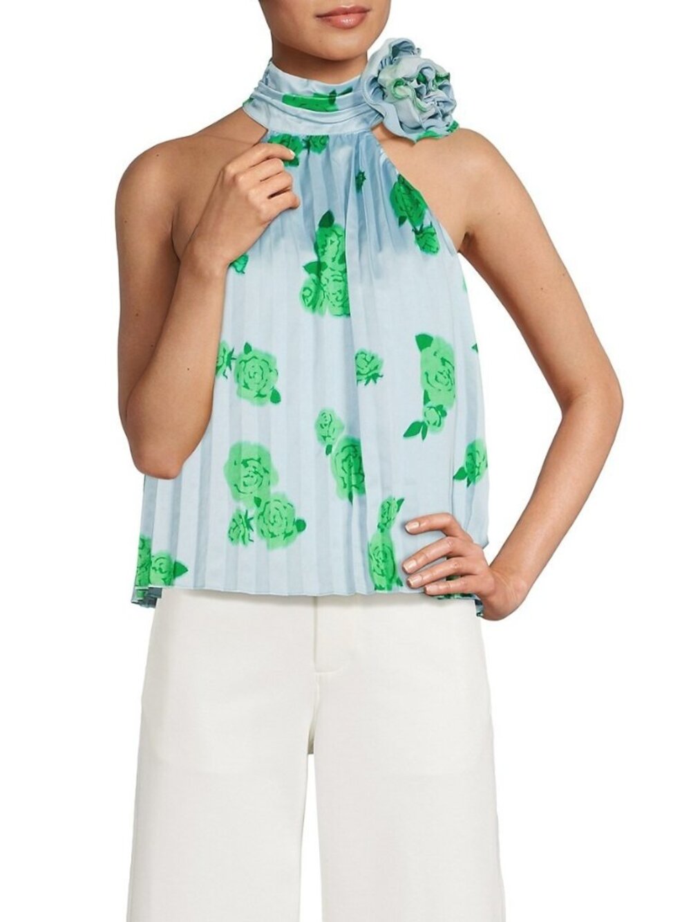 NWT Area Stars Floral Pleated High-Neck Top Light Blue XL